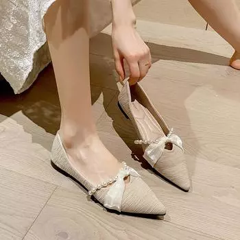 Остроносые одинарные туфли женские осенние плоские туфли 2025 года новые поздние вечерние ветры жемчужные неглубокие туфли Doudou универсальные мягкие подошвы большие размеры 34 чёрный