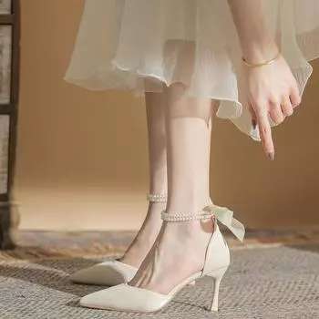 Остроносые одинарные туфли женские весна 2025 новые однотонные с жемчужным бантом в стиле феи белые туфли на высоком каблуке-шпильке 35 чёрный