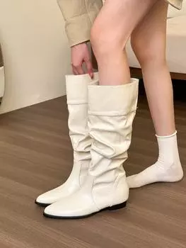Остроносые плиссированные, но не до колена ботфорты женские зима 2024 новые рукавные ботинки в стиле вестерн ковбойские наезднические ботинки 35