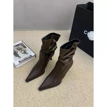 Остроносые плиссированные сапоги-берцы для женщин на осень, короткие сапоги на тонком каблуке, короткие сапоги на высоком каблуке 35