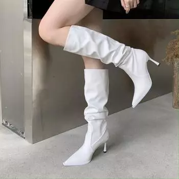 Остроносые плиссированные высокие сапоги женские осенне-зимние жесткий каблук сапоги-чулки на высоком каблуке, но сапоги до колена 35 чёрный