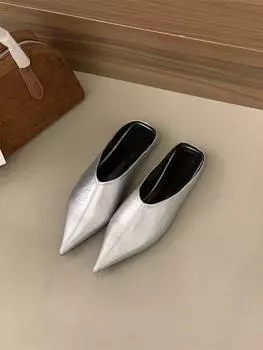 Остроносые ретро-тапочки с закрытой пяткой, женская обувь, весна-лето 2025, серебристые, ленивые мюли, на низком каблуке, из мягкой кожи, полузакрытые, тонкие 35 серебряный