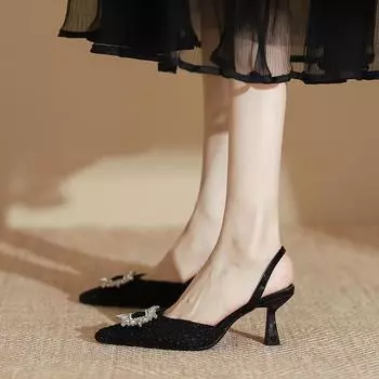 Остроносые сандалии женские модные кожаные весенние женские босоножки на высоком каблуке 35 чёрный