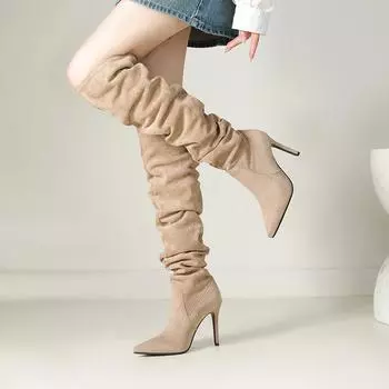 Остроносые сапоги на очень высоком каблуке длиной до колена, женские сексуальные плиссированные сапоги из флока на шпильке, осенне-зимние, женские сапоги 6
