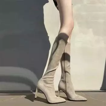 Остроносые сапоги на высоком каблуке для женщин, осень 2024, новые абрикосовые замшевые тонкие сапоги, но сапоги на толстом каблуке выше колена 39