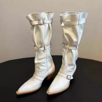 Остроносые высокие трубы вокруг собранных ботинок нишевый дизайн ретро западные ковбойские сапоги толстый каблук чувство моды горячей девушки длинные сапоги женские 35