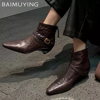 Остроносые женские ботильоны, дизайнерские кожаные туфли на среднем каблуке, трендовые зимние новые модные ботинки челси в готическом стиле Botas De Mujer 35