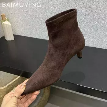 Остроносые женские ботильоны из замши, дизайнерские сексуальные туфли на среднем каблуке 2025 года, трендовые новые брендовые зимние готические модные туфли-лодочки Botas De Mujer 35 чёрный