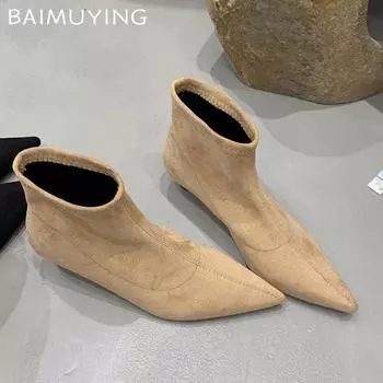 Остроносые женские ботильоны из замши, дизайнерские сексуальные туфли на среднем каблуке 2025 года, трендовые новые брендовые зимние готические модные туфли-лодочки Botas De Mujer 35 чёрный