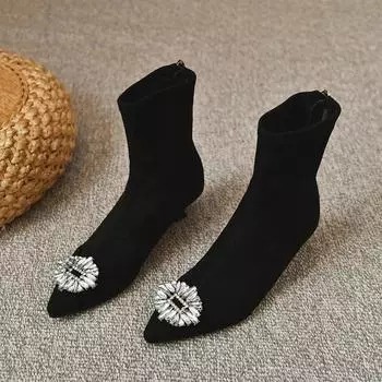 Остроносые женские ботильоны-носки, модные элегантные туфли со стразами, осенне-зимние теплые меховые женские короткие ботильоны 35