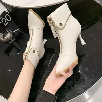 Остроносые женские ботинки зимняя обувь роскошные дизайнерские ботинки на молнии-женские пуанты женские резиновые модные ботильоны на высоком каблуке 35