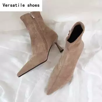 Остроносые женские флисовые сапоги-носки, модные туфли с боковыми молниями, осень-зима, высокие каблуки, женские короткие сапоги Morder 35