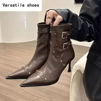 Остроносые женские короткие сапоги, модные ботильоны с пряжкой на ремне, тонкие ботильоны на высоком каблуке, осенне-зимняя женская обувь 35