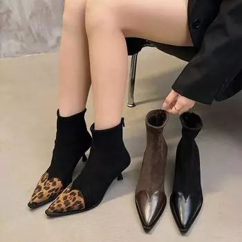 Остроносые женские короткие сапоги на тонком каблуке с леопардовым принтом, осень-зима 2024 года 35 чёрный