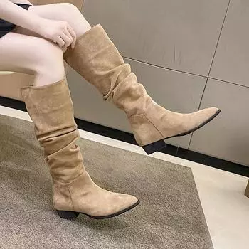 Остроносые женские ковбойские сапоги в стиле вестерн, модные длинные рыцарские сапоги с квадратным каблуком, обувь на осень-зиму 35