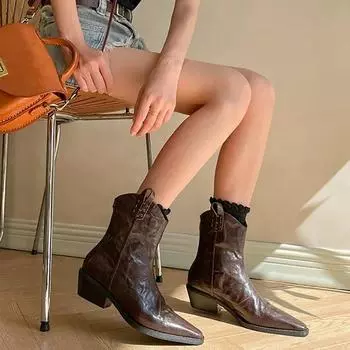Остроносые женские ковбойские сапоги в стиле вестерн, модные ботильоны-челси без застежек, осенние женские туфли на толстом каблуке в стиле ретро 35