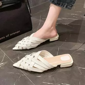 Остроносые женские новые повседневные сандалии на плоской подошве с полым плетеным однотонным узором, пляжные тапочки с одной ножкой и небольшим горлом 35 золотой