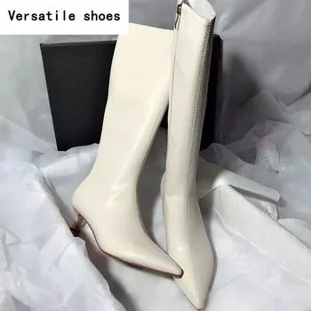 Остроносые женские сапоги до колена, модные мягкие кожаные туфли на толстом каблуке, осень-зима, женские лаконичные длинные ботинки Botas De Mujer 35