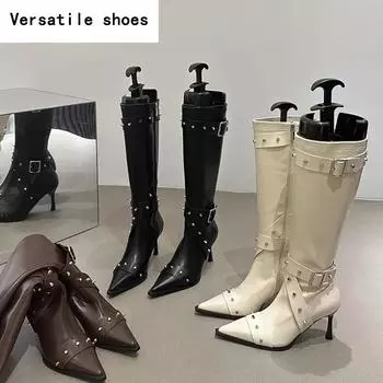 Остроносые женские сапоги до колена, модные узкие длинные сапоги с пряжкой на ремне, на тонком высоком каблуке, осенне-зимняя женская обувь 35