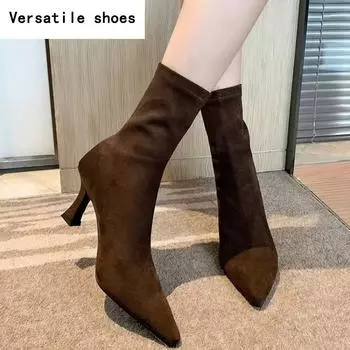Остроносые женские сапоги-носки, модные элегантные туфли для выпускного бала, толстые каблуки, женские современные короткие сапоги 35