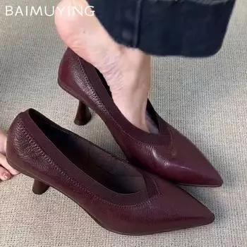 Остроносые женские туфли на низком элегантном среднем каблуке, кожаные туфли-лодочки, зимняя мода 2025 года, дизайнерские вечерние туфли-лодочки для вечеринок 35 чёрный