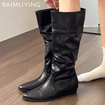 Остроносые женские высокие сапоги из кожи до колена на плоской подошве, дизайнерская обувь 2025 года, трендовая зимняя классика, гладиаторские мотоциклетные ботинки Mujer 35 покинуть белый