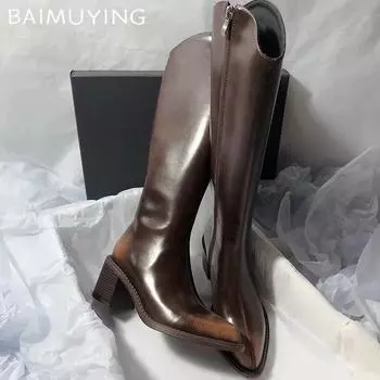 Остроносые женские высокие сапоги из кожи, массивные, модные, сексуальные, на высоком каблуке, 2025, трендовые, готические, гладиаторские туфли-лодочки, зимние, новые, Botas Mujer 34 чёрный