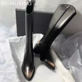 Остроносые женские высокие сапоги из кожи, массивные, модные, сексуальные, на высоком каблуке, 2025, трендовые, готические, гладиаторские туфли-лодочки, зимние, новые, Botas Mujer 34 чёрный