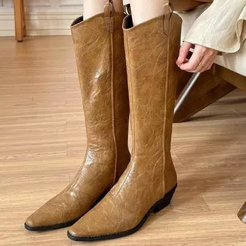 Остроносые женские высокие сапоги на среднем каблуке, дизайнерские ботинки челси, кожаные туфли до колена в стиле ретро, модные гладиаторские туфли для леди Zapatillas 35