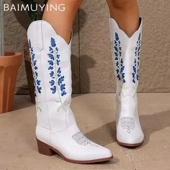 Остроносые женские высокие сапоги с вышивкой на среднем каблуке, ретро-обувь, кожаные сапоги-челси до колена, зимний тренд, готические ботинки-ботинки Mujer 36