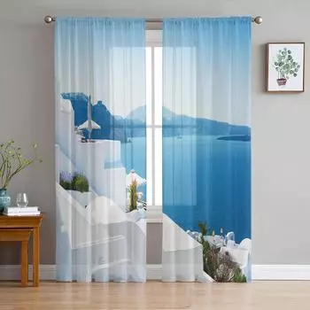 Остров Белое здание Синее море Санторини Греция Прозрачные шторы для гостиной Оконные шторы Кухня Тюль Вуаль Шторы W135 x H115cm x1