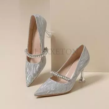 Острые тонкие каблуки серебристые высокие каблуки ужин стиль женские темперамент простые жемчужные стразы свадебные туфли для подружек невесты 8 см 34