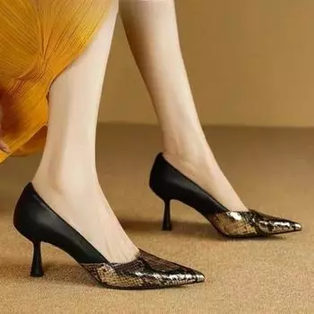 Острые тонкие каблуки в тонкую полоску, подходящие по цвету, туфли-лодочки со змеиной кожей, новые осенние туфли для женщин с коротким носком 40 золотой