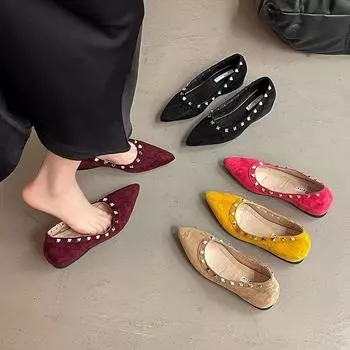 Острые заклепки удобные одинарные туфли весна новые поздний ночной ветер нежный мягкая подошва плоские туфли замша внутренняя часть высокие нагруженные туфли прилив 35 чёрный
