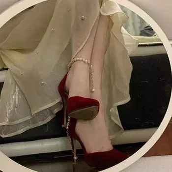 Острый носок, изящные женские туфли на высоком каблуке, с металлической пряжкой, сексуальные женские туфли, свадебные туфли, туфли для подружек невесты, красные каблуки 34