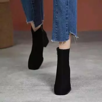 Острый носок квадратный каблук осень зима 2024 женская обувь для сапог квадратный носок толстый каблук зимняя платформа плюс бархатный блочный каблук 35
