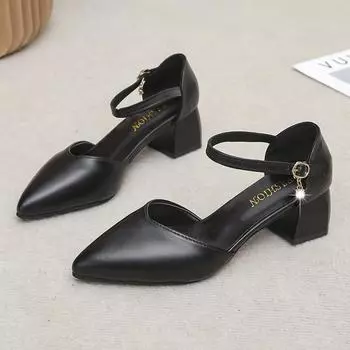 Острый носок квадратный каблук высокие каблуки сандалии женские 2024 осень лето обувь женская мода студенты пэчворк женская обувь женская 35 чёрный