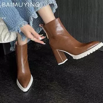 Острый носок массивные женские ботильоны сексуальные кожаные высокие каблуки зимняя обувь трендовые модные готические туфли-лодочки челси Botas De Mujer 35