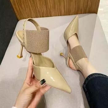Острый носок на высоком каблуке женская обувь летняя новая мода босоножки на каблуке однотонные туфли-лодочки с ремешком сзади без застежек 34 хаки