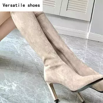 Острый носок на высоком каблуке женские эластичные носки сапоги модные элегантные танцевальные туфли осенние женские современные длинные сапоги 35