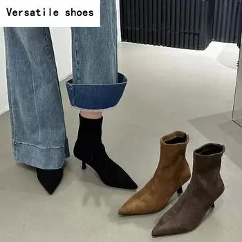 Острый носок на высоком каблуке женские эластичные носки сапоги модные элегантные современные короткие сапоги осенние женские танцевальные туфли для вечеринок 35