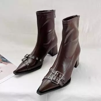 Острый носок на высоком каблуке женские ботильоны из искусственной кожи панк-обувь трендовый дизайнер готические водонепроницаемые туфли-лодочки Mujer Zapatos 35