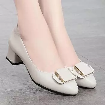 Острый носок Неглубокий носок Модная натуральная кожа Мягкая подошва Однотонный толстый каблук Модная квадратная пряжка Универсальная женская обувь 34 чёрный