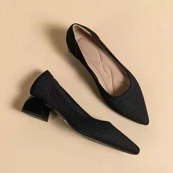 Острый носок, неглубокий вырез, ткань, плоская подошва, однотонный трикотаж, мягкая подошва, большой размер 34-43 34 чёрный