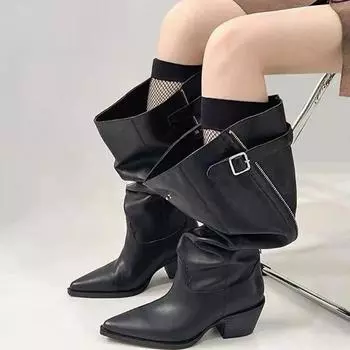 Острый носок плиссированные женские высокие сапоги на среднем каблуке дизайнерские брендовые трендовые гладиаторские туфли модные туфли-лодочки в стиле вестерн Botas Mujer 35