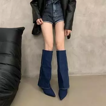 Острый носок, покатые брюки, сапоги на каблуке, новые осенне-зимние женские винтажные ковбойские сапоги до колена на высоком каблуке для женщин 35