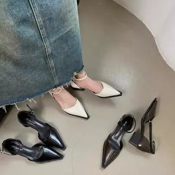 Острый носок сексуальные босоножки женские туфли на среднем каблуке для вечеринок лето 2024 туфли-лодочки новые модные тапочки массивное женское платье Zapatos Shallow 35 бежевый