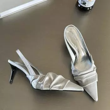 Острый носок Сексуальные серебристые туфли на высоком каблуке для вечеринок Женские сандалии Дизайнерские летние туфли на каблуках с открытой пяткой Повседневная обувь Сандалии 35 бежевый
