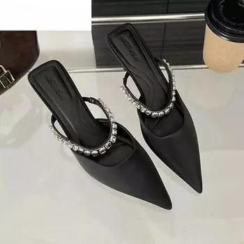 Острый носок Сексуальные женские тапочки с кристаллами Туфли на высоком каблуке Летние сандалии класса люкс для вечеринок Элегантные шлепанцы Мюли Туфли-лодочки 35