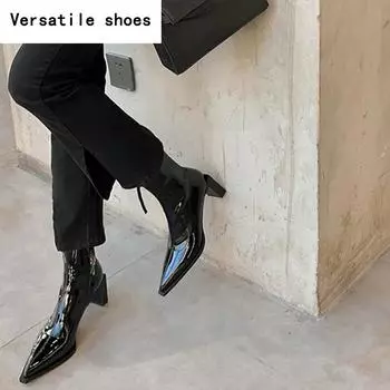 Острый носок женские ботильоны модные элегантные лакированные туфли на толстом каблуке женские современные короткие ботильоны 35